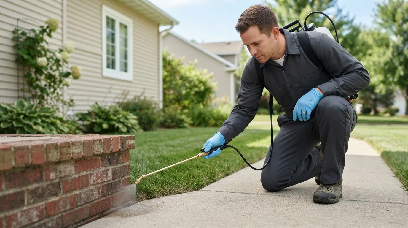 Pest control technician treating a home near Aniwa, WI