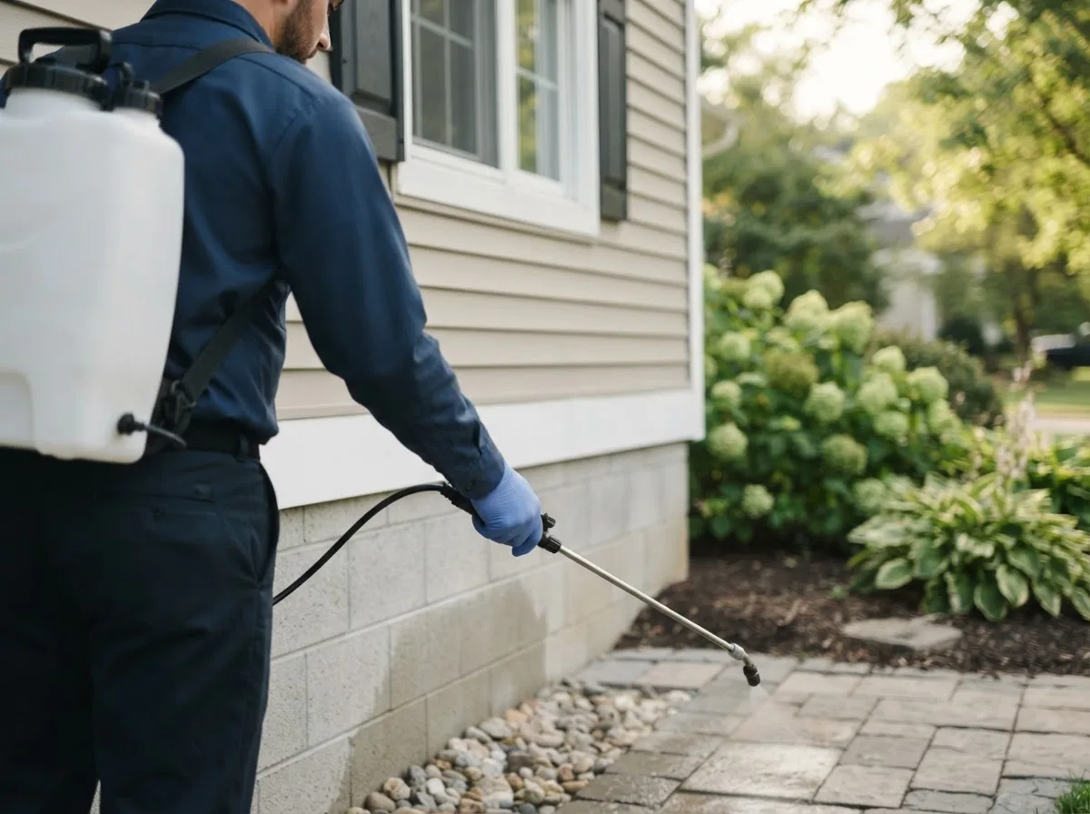 Pest control technician inspecting a home in Aniwa, WI